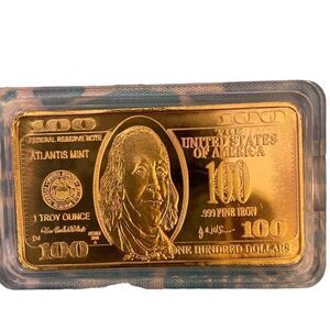 USA 999 Fine Iron One Troy Ounce Bullion Bar Gold Hundred Dollar Bill In Case